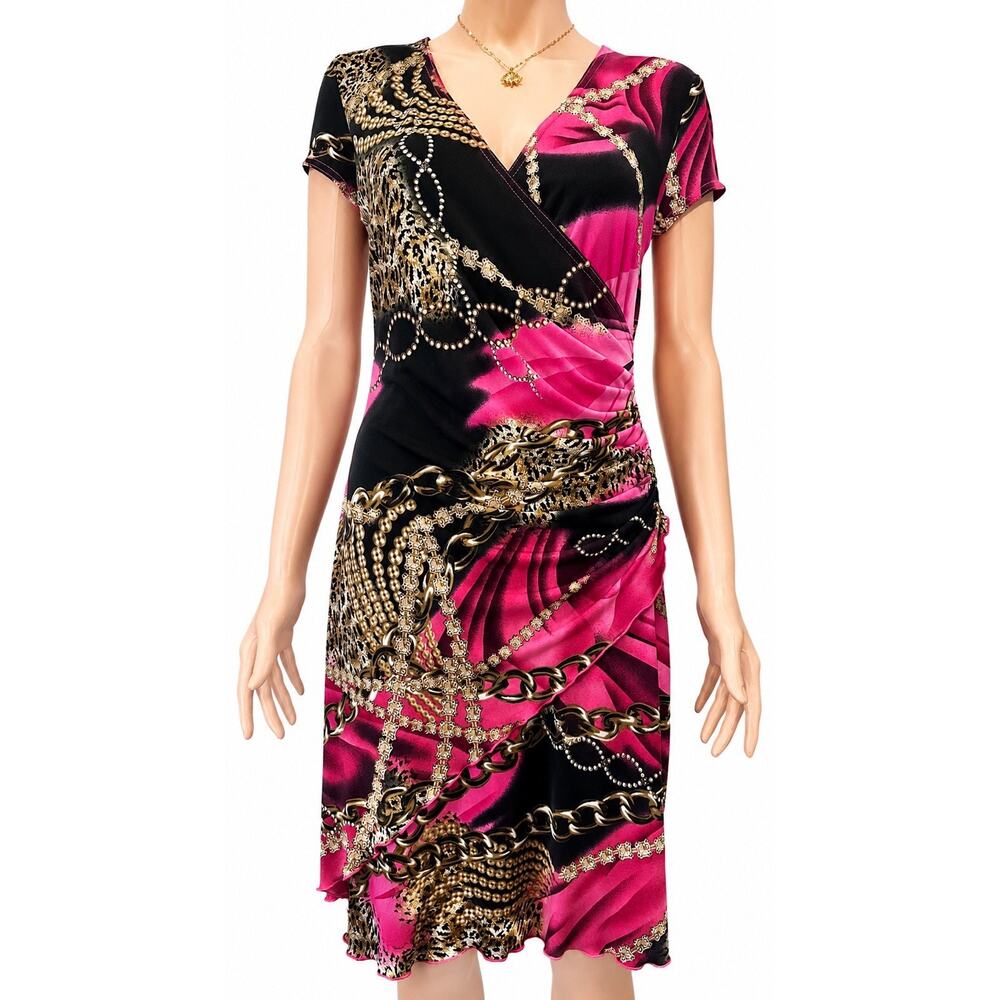 Joseph Ribkoff Dress Womens Size 8 Pink Black Chain Animal Print Midi Dress